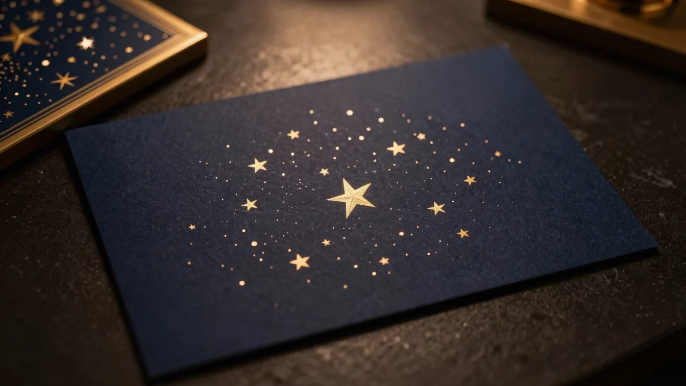 Elegant gift certificate with a subtle star map design, lying on