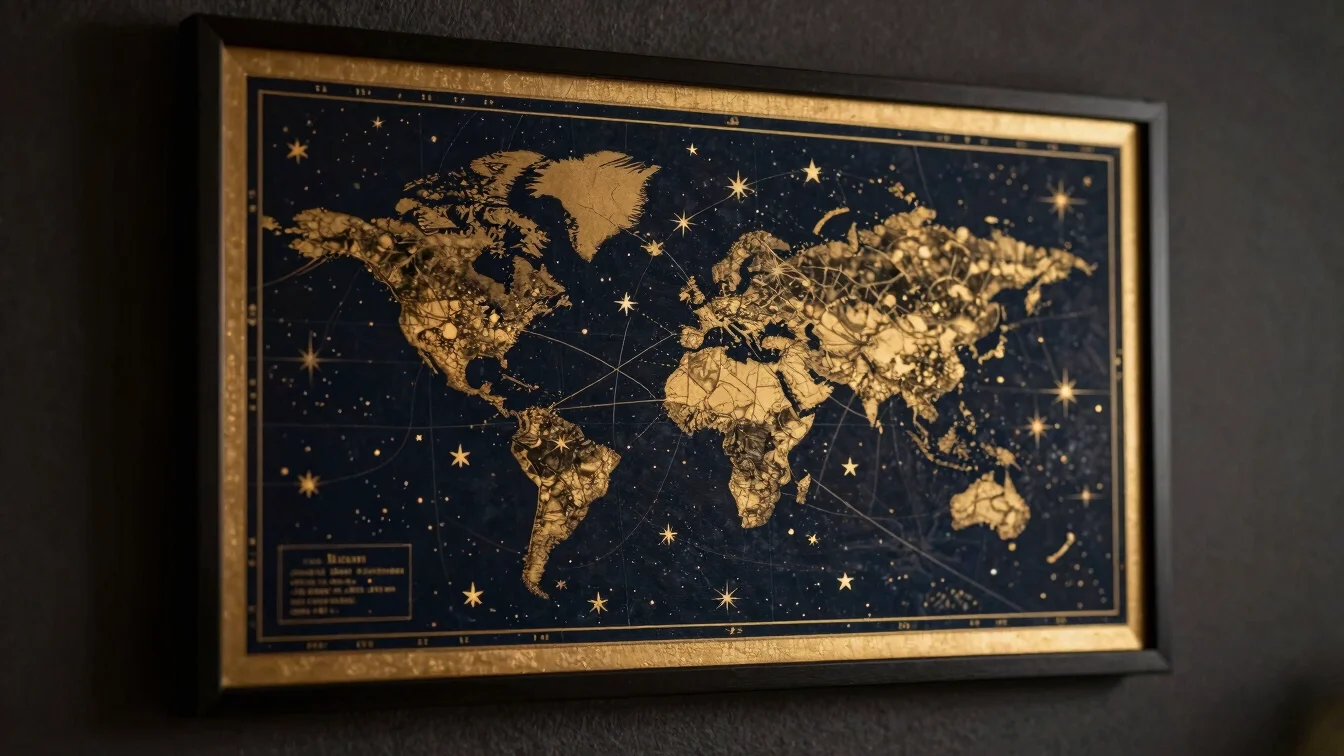 Close-up of a framed star map with gold foil stamping, hanging on
